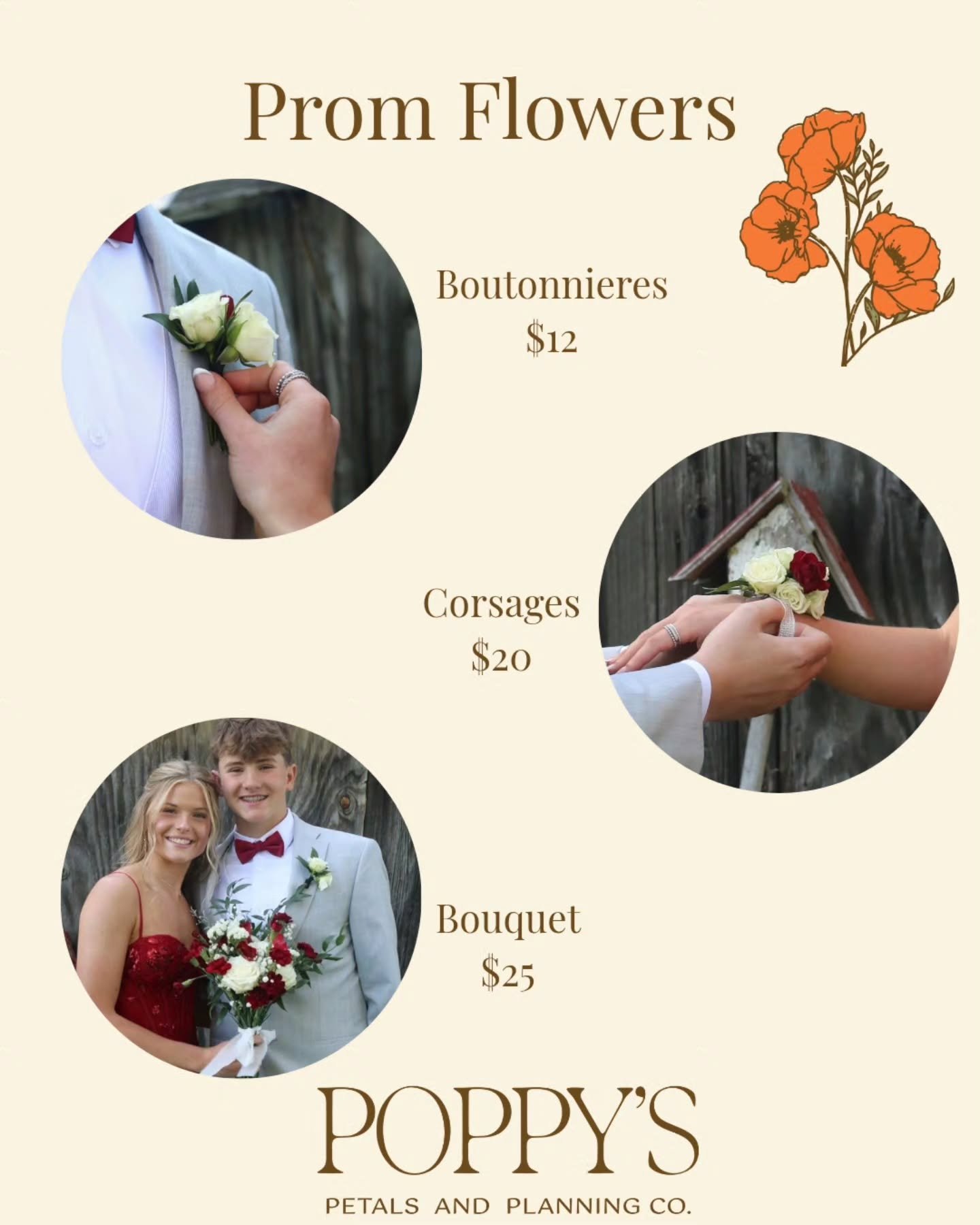 Prom season is here 💐✨ and I&rsquo;m here to make sure your flowers look goooooddd 😍

Boutonnieres: $12
Corsages: $20
Bouquets: $25

Bundle all three for $55 💕

Order ahead so you&rsquo;re all set for the big night!
Order through the link in my bi