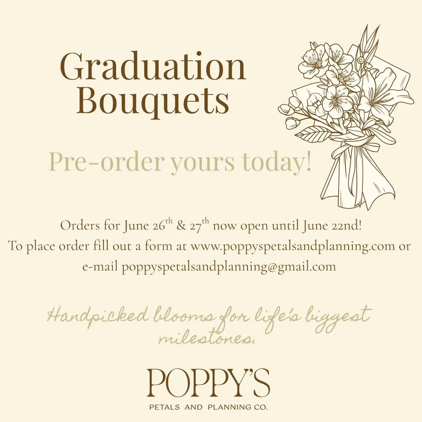 Graduation season is here! 🎓🌸

Whether they're finishing high school, college, or another big milestone, flowers are a beautiful way to celebrate all of their hard work and accomplishments.

Graduation bouquet pre-orders are now open! Secure yours 