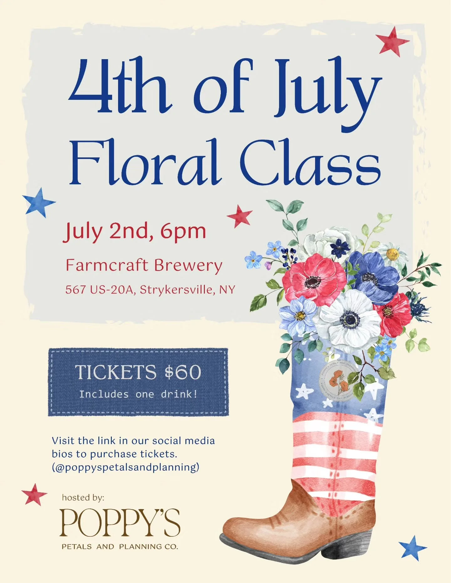 🇺🇸 Red, white, and blooms! 🇺🇸

Join us at Farmcraft Brewery on July 2nd at 6:00 PM for a fun evening creating your own festive 4th of July floral arrangement.

✨ $60 per person includes: &bull; All flowers and supplies &bull; Step-by-step instruc