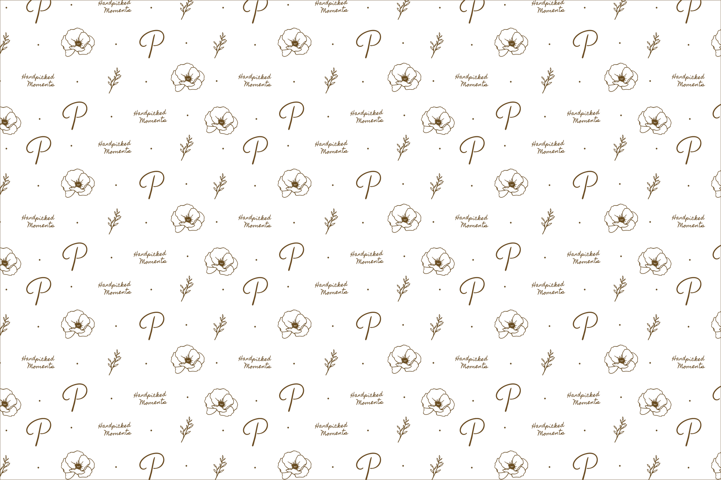 Black background with gold-colored floral and letter designs, including the letter 'P', flowers, and small leaves, with text 'Handpicked Moments' repeated throughout