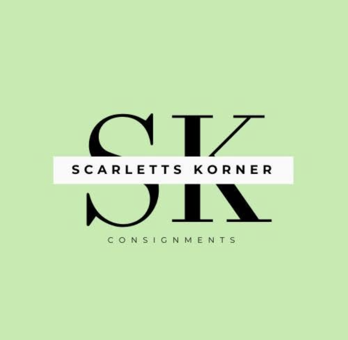 Design for Scarletts Korner consignment store logo with green background, large black letters, white banner with black text.