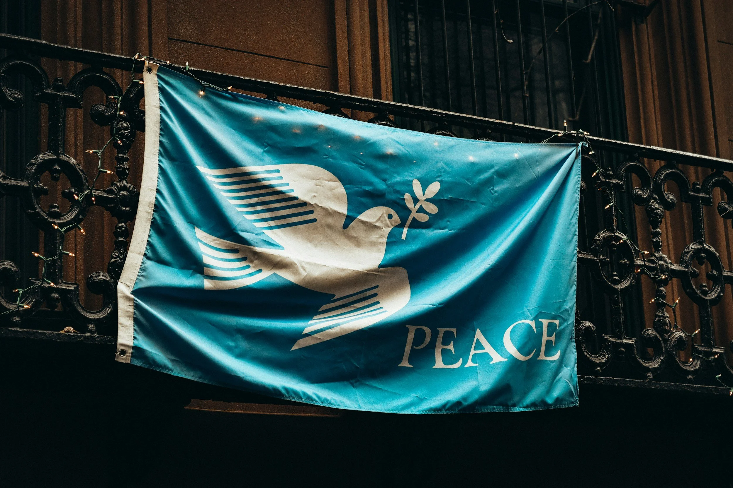 Flag with a white dove holding an olive branch, the word 'PEACE' written below, hanging on a black iron fence.