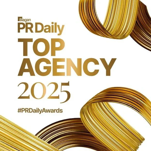 Event poster for the Ragan PR Daily Top Agency 2025 awards with gold-colored swirling ribbons and text in gold and brown shades.