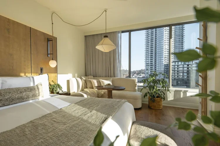A modern hotel room with a bed, beige furniture, potted plants, large window with city view, wood flooring, pendant lights, and natural sunlight.