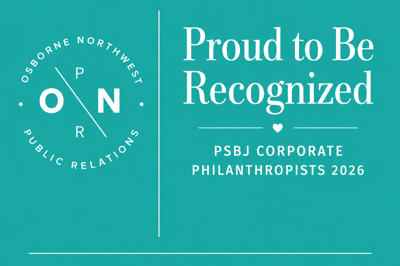 A teal-colored graphic with the text 'Proud to Be Recognized' and 'PSBJ Corporate Philanthropists 2026'. On the left, a circular emblem reads 'Osborne Northwest Public Relations' with the initials O, N, P, R and a diagonal line crossing them.