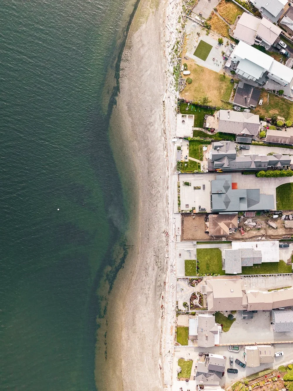 Aerial view of a residential neighborhood with houses, yards, and gardens, adjacent to a sandy beach and the ocean.