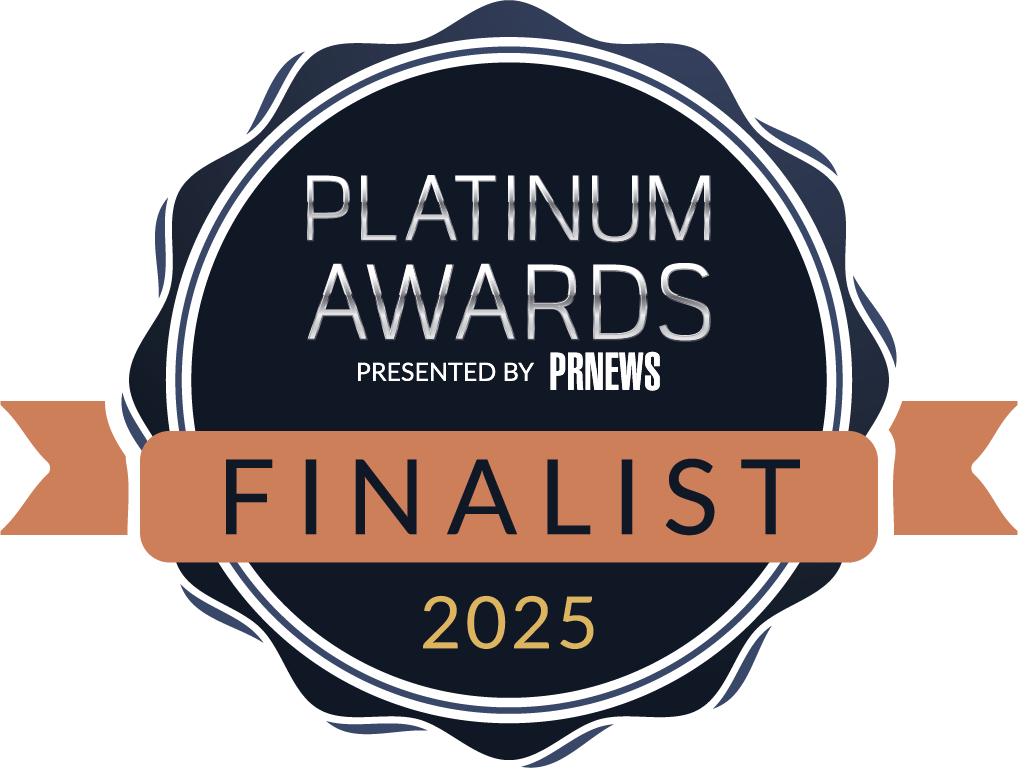 Digital badge for the 2025 PRNews Platinum Awards finalist, featuring a black circular design with a bronze banner that says "FINALIST."
