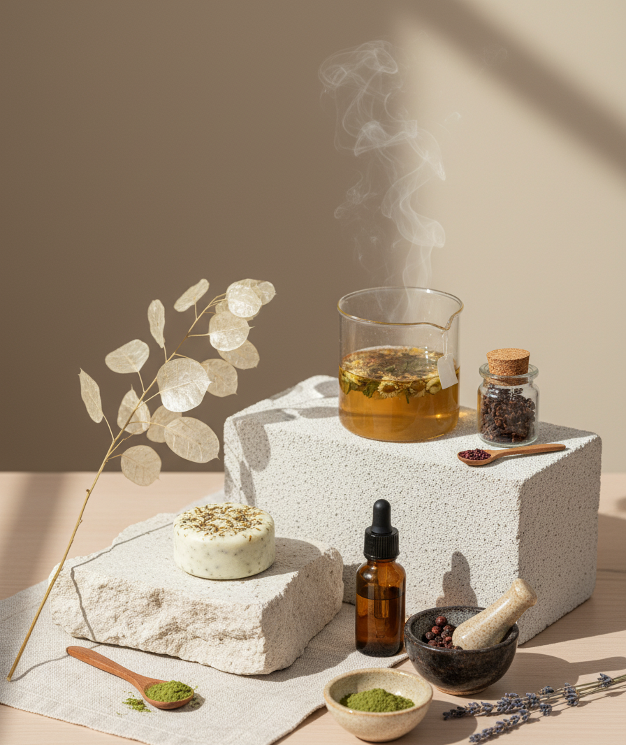 Conjunto de itens naturais e de bem-estar, incluindo uma panela com chá, uma vela, um vaso com pó de especiarias, um pequeno pote de vidro com elementos secos, um amassador de especiarias, uma bebida com vapor, uma pedra com sabonete e folhas secas, uma colher de chá com pó verde, um recipiente com pó verde, um recipiente com pimenta rosa e alguns ramos de lavanda.