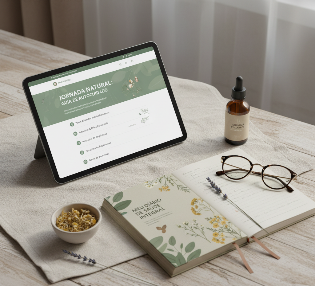 Mesa de madeira com um tablet mostrando uma página sobre cuidados com a natureza, um livro chamado 'Meu Diário de Saúde Integral', um par de óculos, uma garrafinha de gotas naturais, uma xícara com chá de ervas, e algumas flores e ramos decorativos.