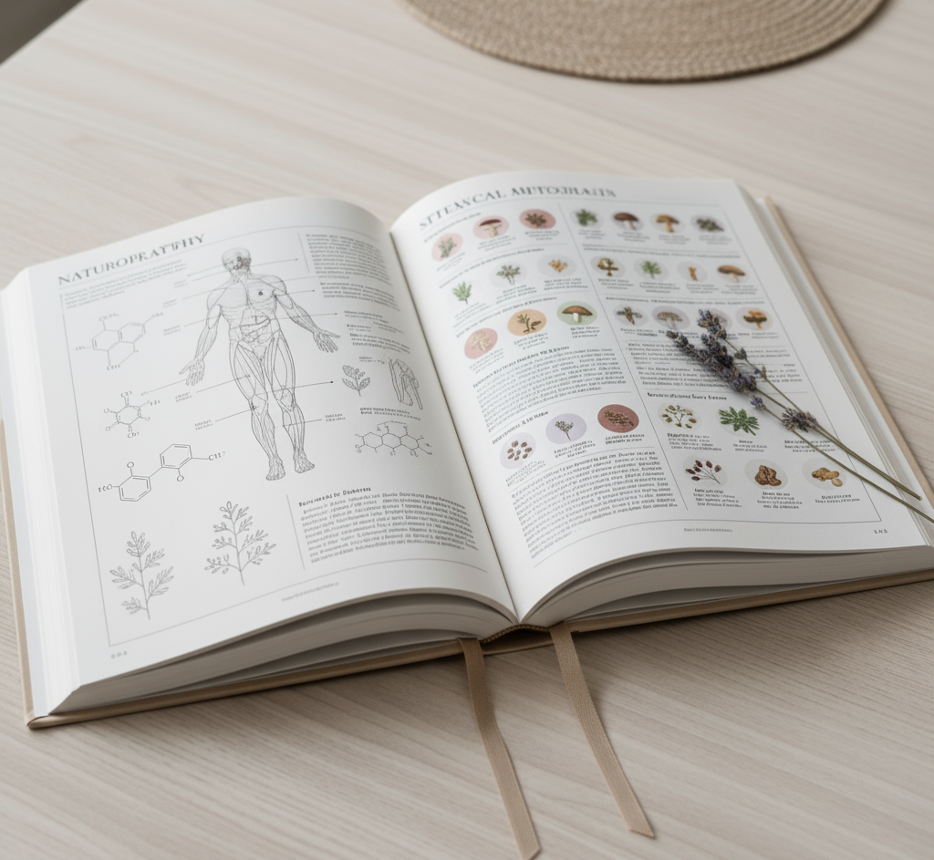 Livro aberto sobre propriedades naturais e fitoterapia, com desenhos de plantas e ingredientes de medicamentos tradicionais.