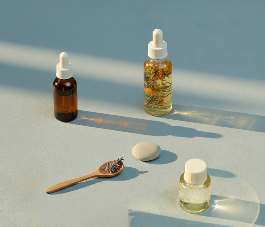 Frascos de óleos essenciais, uma pedra branca, uma colher de pau com lavanda seca, tudo disposto sobre uma superfície clara com luz natural e sombra suave.