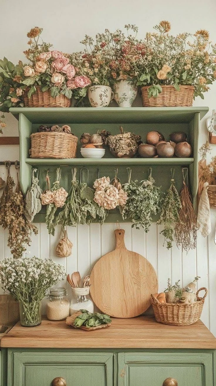 Uma cozinha com prateleiras verdes cheias de flores secas, ervas, alho e outros alimentos, além de um balcão de madeira com vasos de plantas, utensílios e uma tábua de corte redonda de madeira.