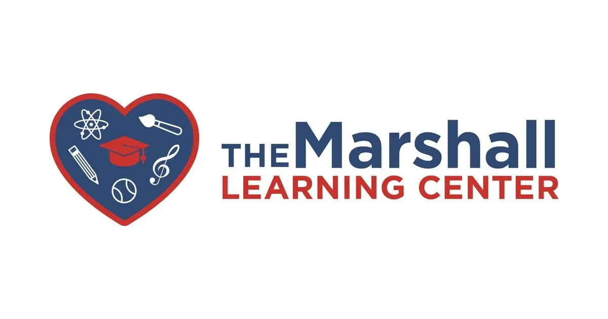 Logo for The Marshall Learning Center featuring a heart with educational symbols inside, including a graduation cap, pencil, atom, spoon, musical note, and baseball, with text in blue and red.