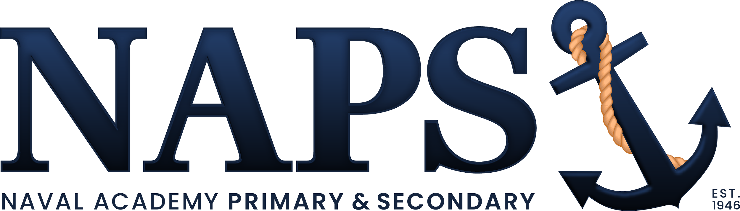 Logo for Naval Academy Primary & Secondary School featuring large navy blue text 'NADE' with a navy blue and orange anchor on the right side.