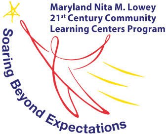 Logo for Maryland Nita M. Lowey 21st Century Community Learning Centers Program with a star, abstract red human figure, and upward yellow lines.