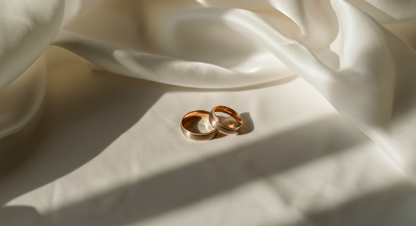 Two gold wedding rings on white satin fabric with soft shadows and lighting.