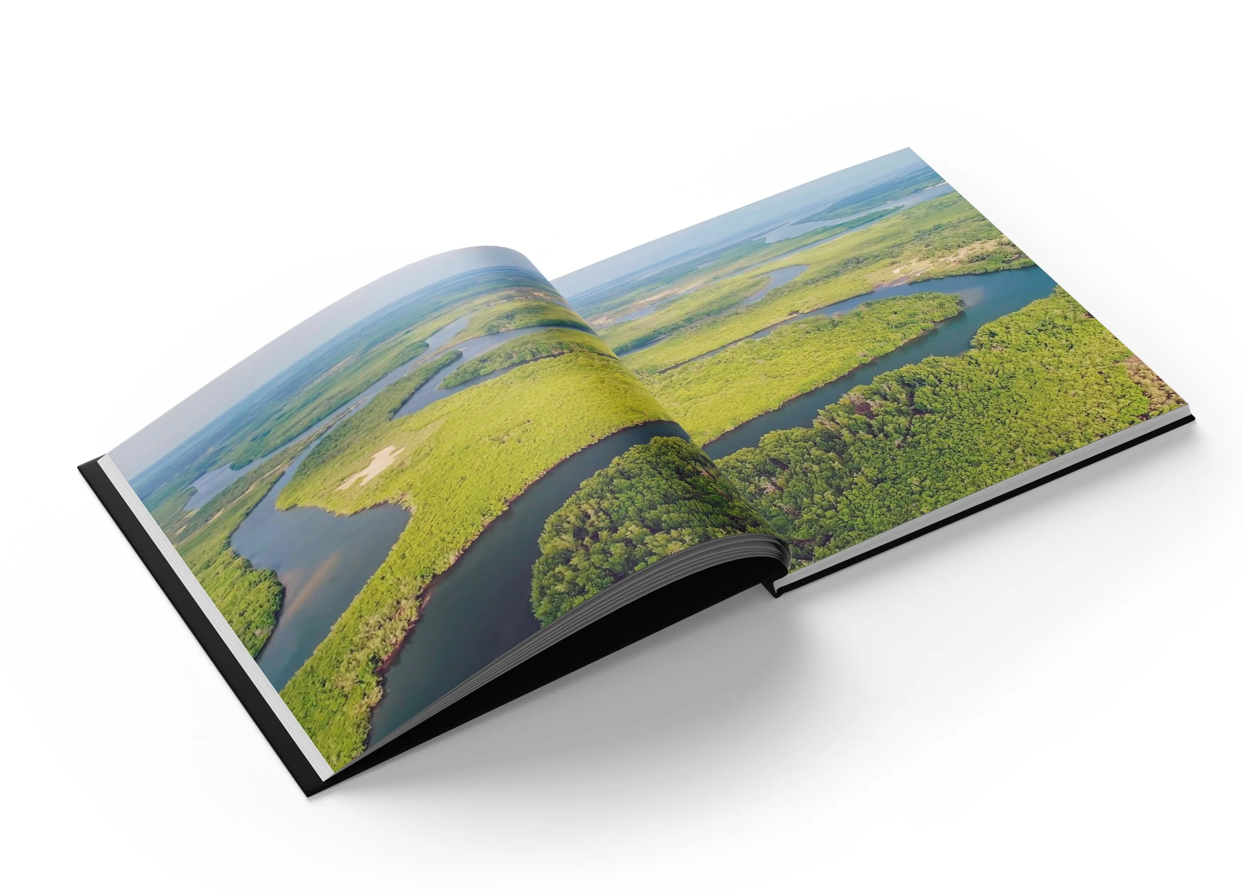 Livre ouvert avec une photo aérienne d'une rivière serpentant à travers une forêt verte