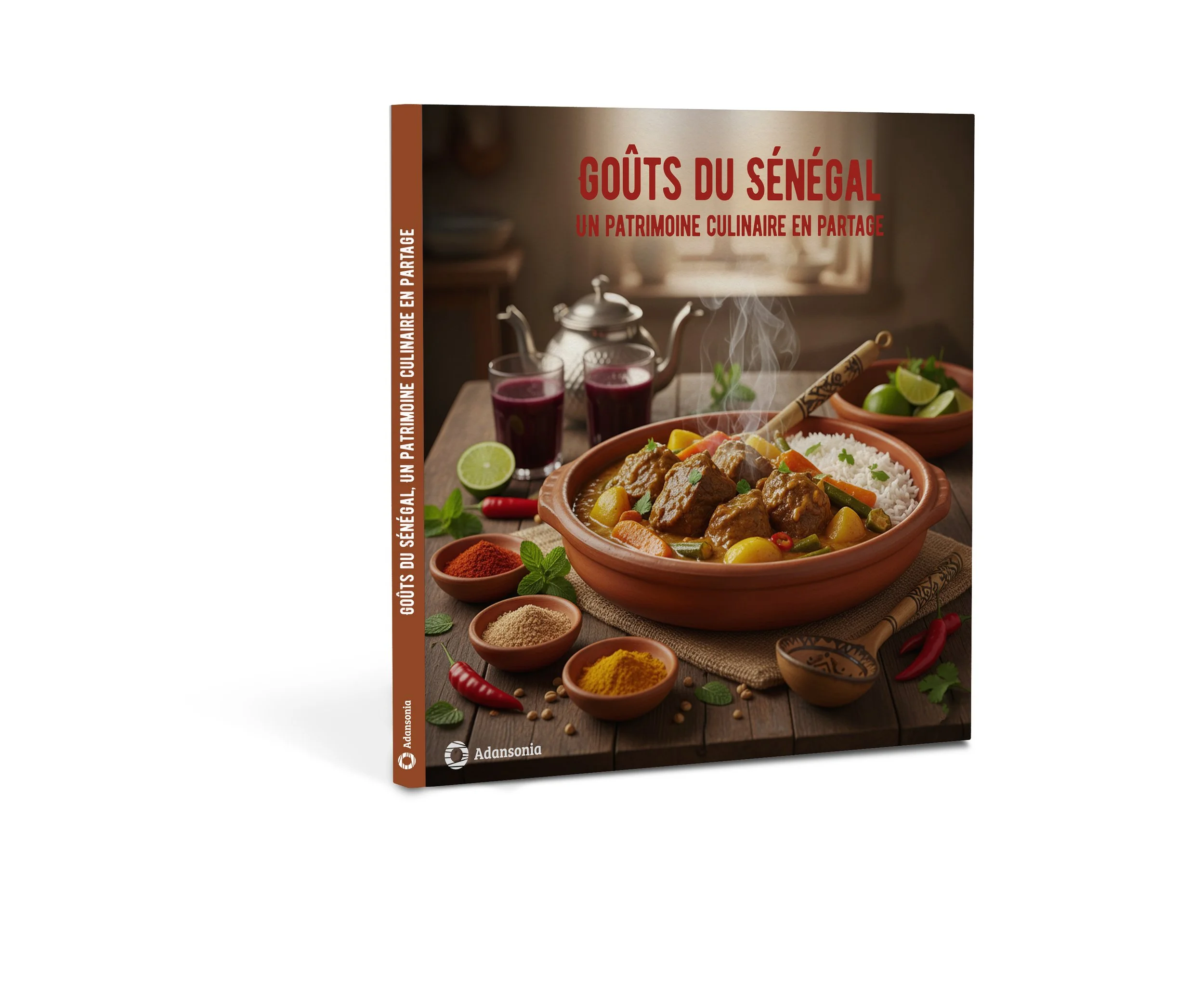 Livre sur la cuisine sénégalaise avec un plat en terracotta contenant un ragoût de viande, du riz, et des légumes, entouré d'épices, de piments, de citrons verts et de thé.