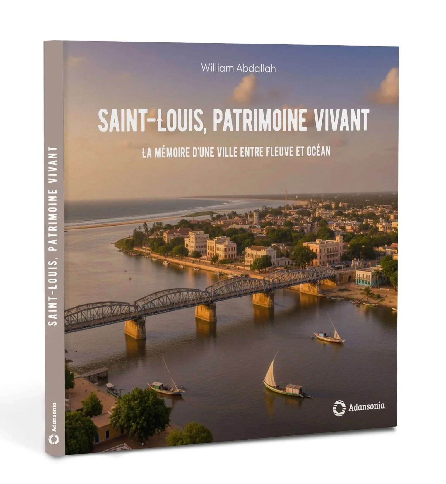 Couverture d'un livre avec une vue aérienne de Saint-Louis, une ville située au bord d'une rivière, avec quelques bateaux à voile sur l'eau, des bâtiments historiques et un pont en fer.