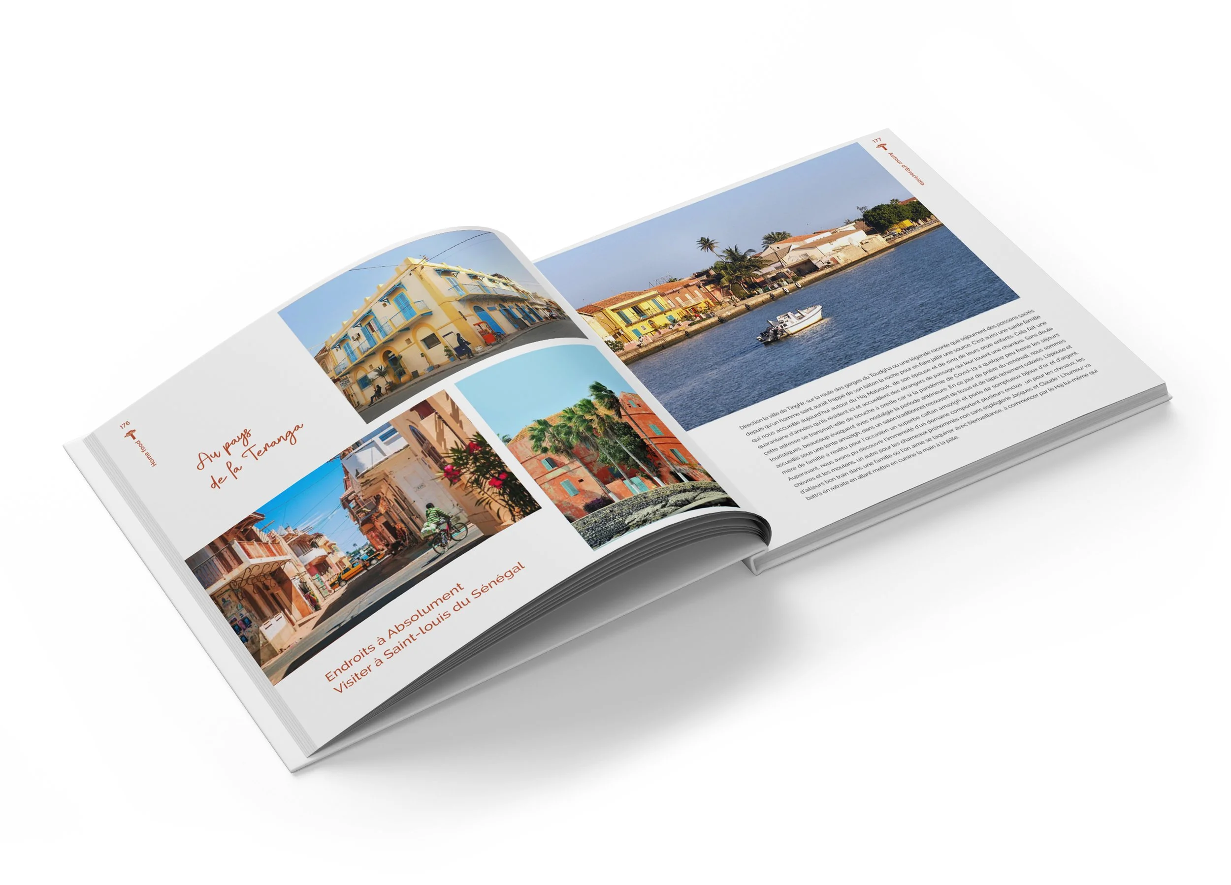 Un livre ouvert avec des photos de paysages colorés et de bâtiments, incluant une vue sur une rivière avec un bateau, et des textes en français.