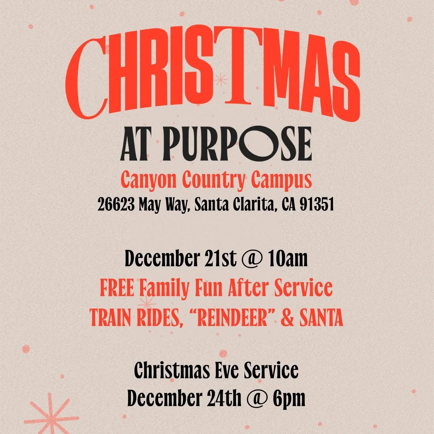 Christmas is almost here, and we want to celebrate with YOU! 🎉

Mark your calendars for two special opportunities to join the fun at Purpose Canyon Country:

&bull;Family Fun Day (Dec 21st, after service): 🚂 We're turning our campus into a winter w