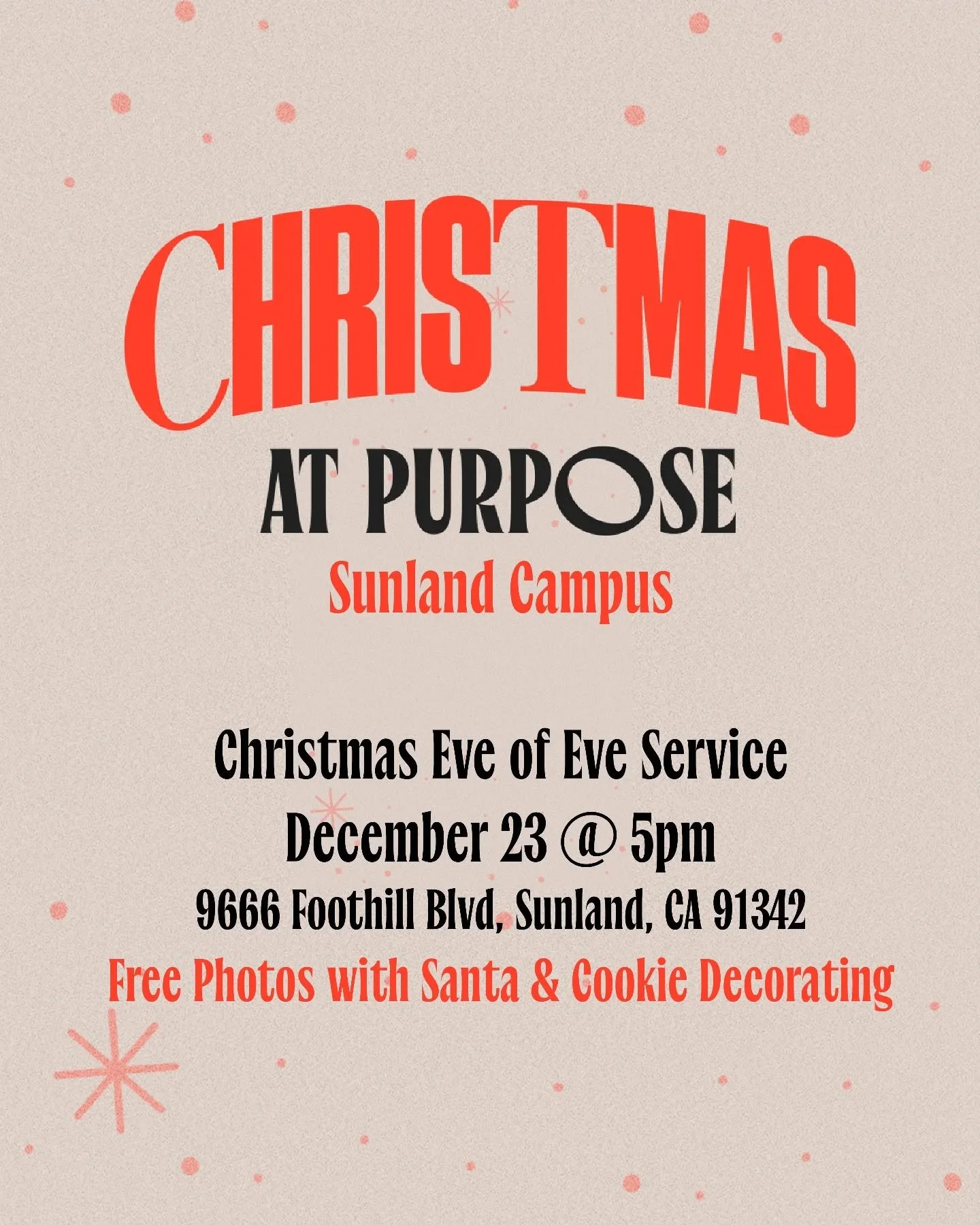 Join us for a special Christmas Eve-of-Eve service on December 23rd! 

🍪🎅We've got FREE photos with Santa and cookie decorating! Bring the whole family--we can't wait to celebrate the season with our church family!

🗓️Date: December 23rd
📍 Locati