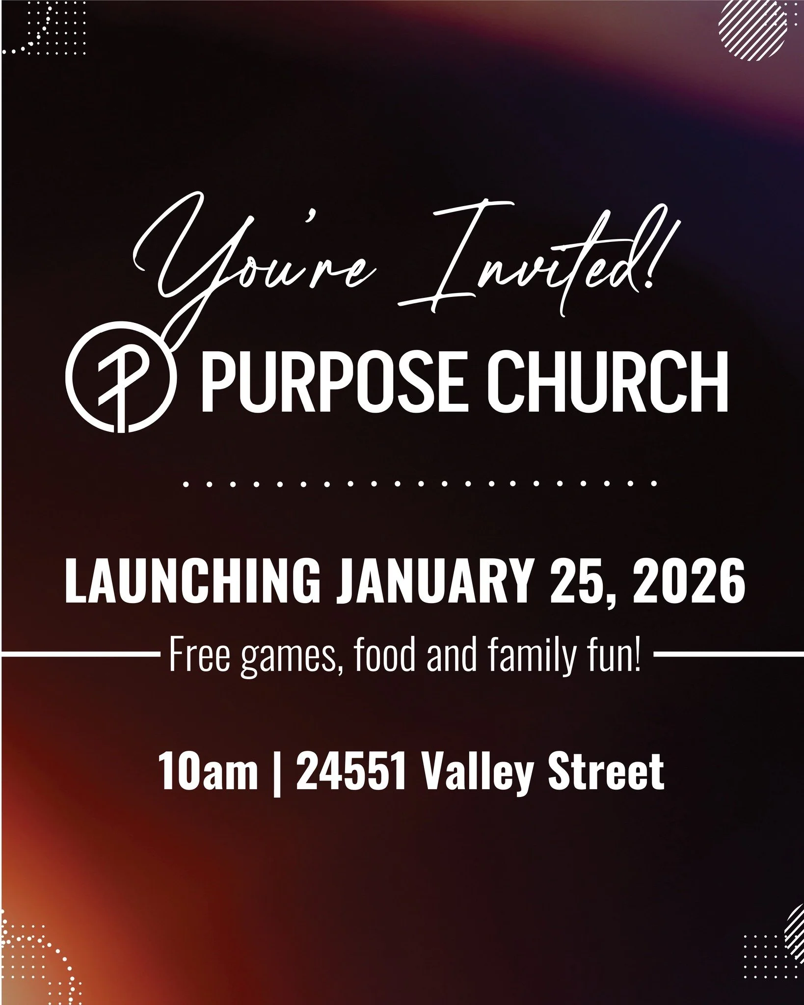 🎉 𝗧𝗛𝗜𝗦 𝗦𝗨𝗡𝗗𝗔𝗬 𝗜𝗦 𝗧𝗛𝗘 𝗗𝗔𝗬 🎉

You&rsquo;re invited to the launch of Purpose Church and we are going BIG with 𝙛𝙧𝙚𝙚 𝙛𝙖𝙢𝙞𝙡𝙮 𝙛𝙪𝙣 for everyone after our experience!

Bounce house
Yard games
Cupcakes &amp; hot dogs
A gift for