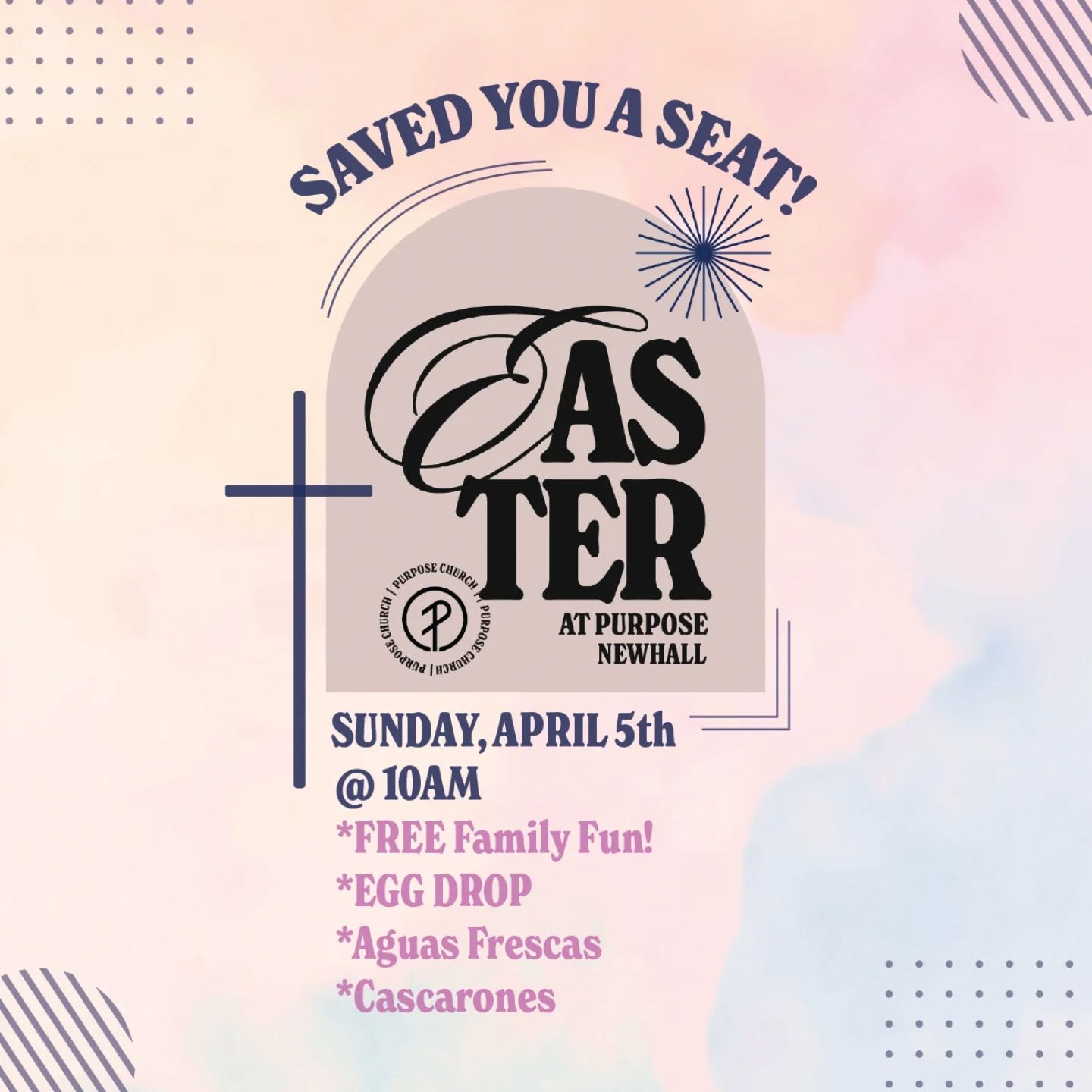 Easter is better when we celebrate together and we have a seat saved for you for #easteratpurpose! 

We&rsquo;ll have a powerful service and some fun for the whole family.
🥚 Egg Drop
🎉 Cascarones
🥤 Aguas Frescas
🎈 Free Family Fun

📅 Sunday, Apri