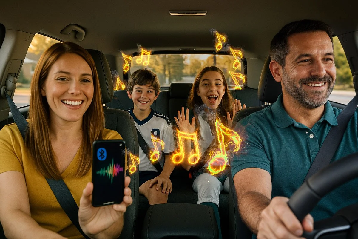 Car ride family image:  Family listening to a custom hype song in the car before a youth sports game