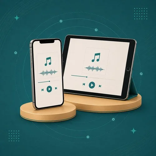 Smartphones and a tablet displaying music players with a song playing, placed on wooden stands against a digital-themed background.