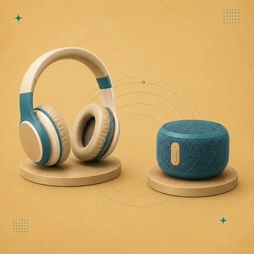 Wireless headphone set with over-ear design and a portable Bluetooth speaker, both on display stands against a beige background.