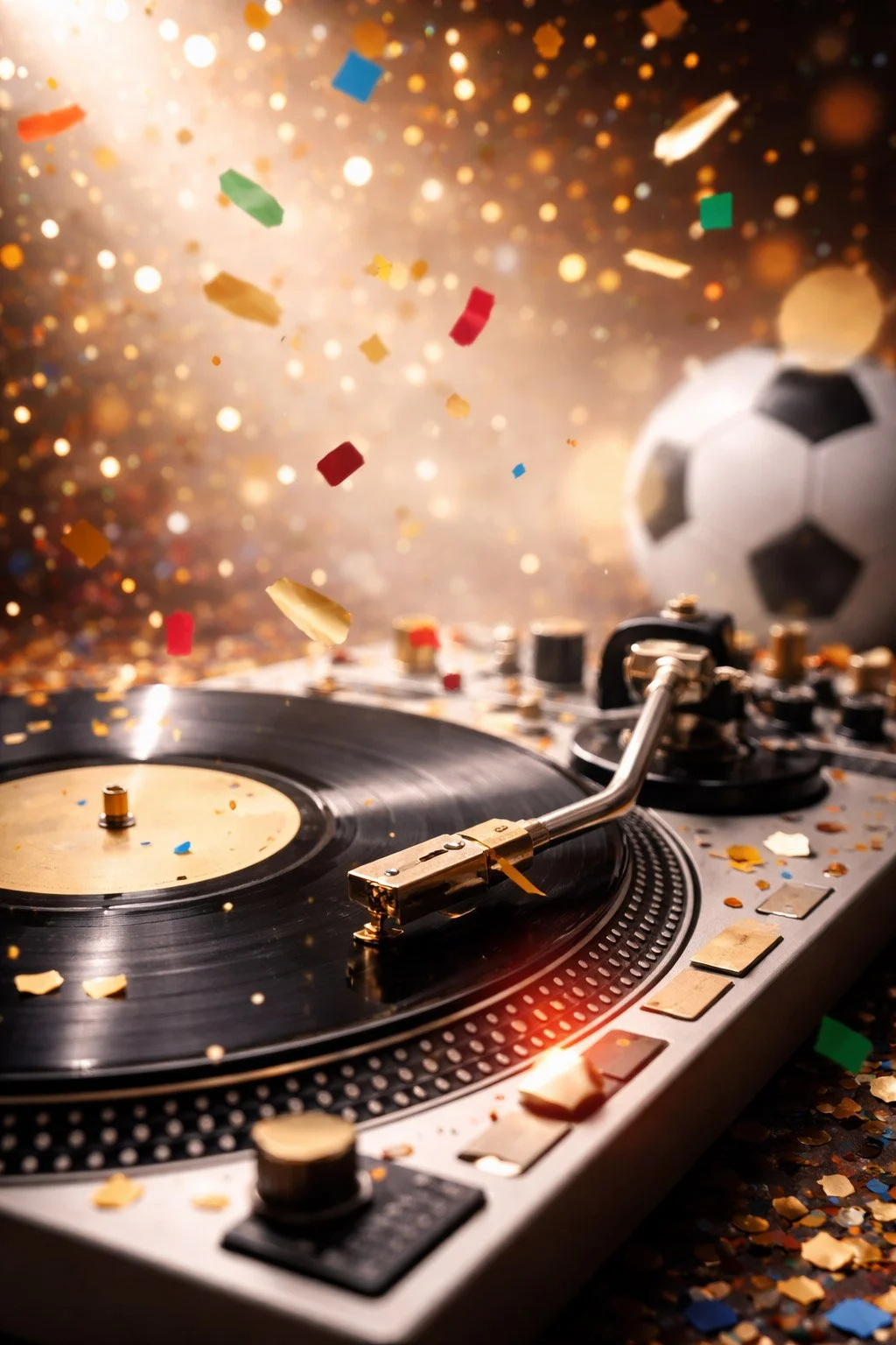 A DJ turntable with a black and gold tonearm, surrounded by falling colorful confetti and a soccer ball in the background, creating a festive atmosphere.