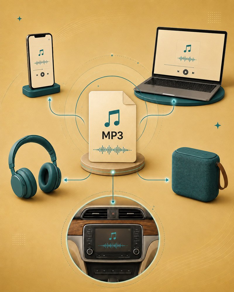 Diagram of MP3 music file being transferred among smartphone, laptop, headphones, car stereo, and portable speaker on a yellow background.