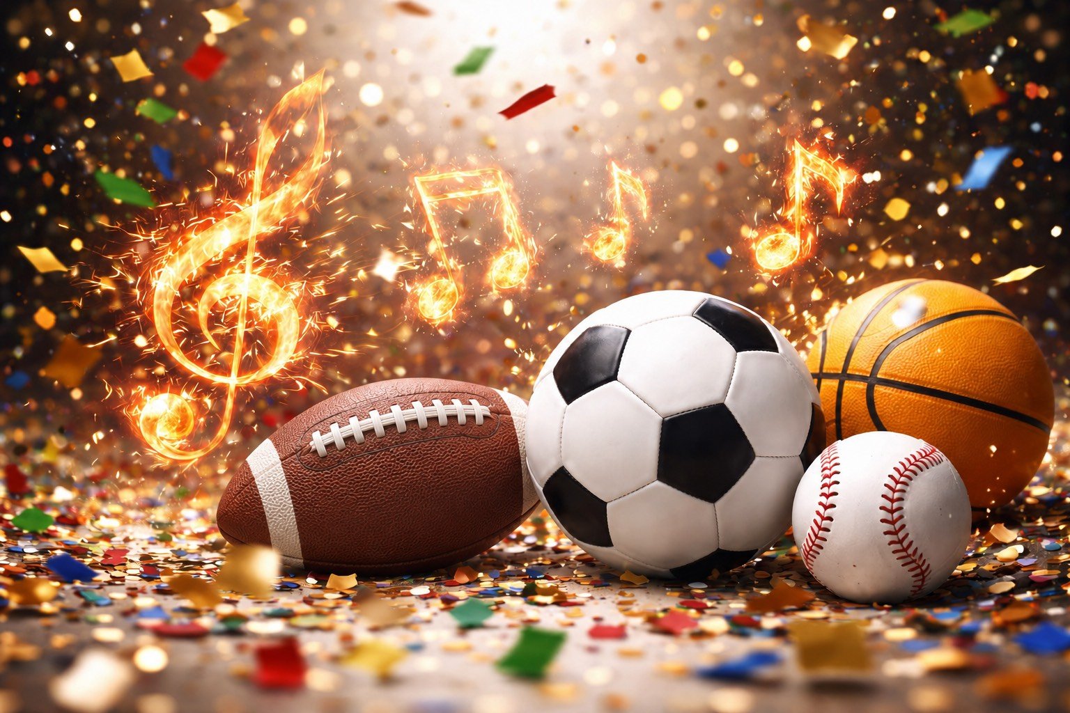 Various sports balls including football, soccer ball, volleyball, and baseball on a festive, sparkling background with musical notes and colorful confetti.