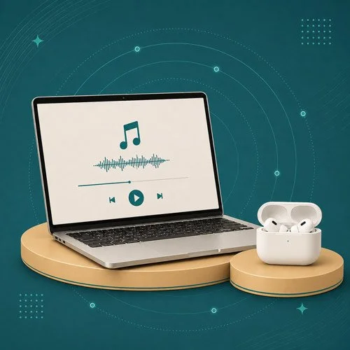 Laptop with music player interface and wireless earbuds on a circular platform against a digital-themed background.