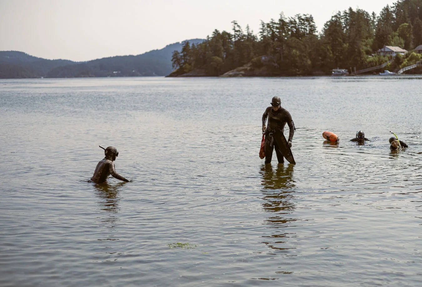A group of four people in wetsuits with snorkeling gear, standing or swimming in a calm lake surrounded by trees and hills, with some houses visible on the shoreline.