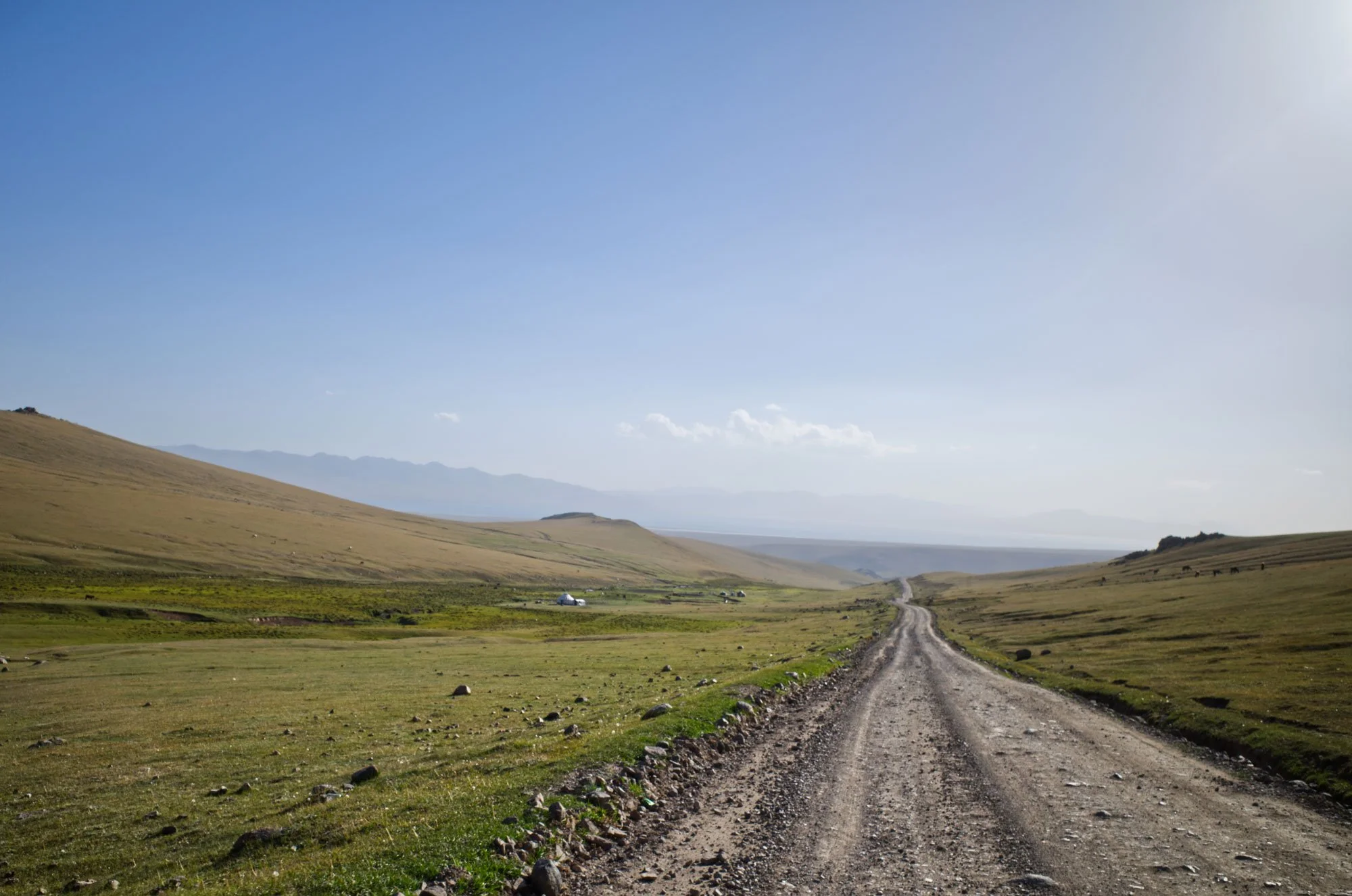 A dirt road in a hilly, grassy landscape with few scattered buildings under a clear blue sky.