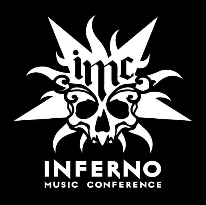Black and white logo for "Inferno Music Conference" featuring a stylized skull with flames and the word "inc" above it.