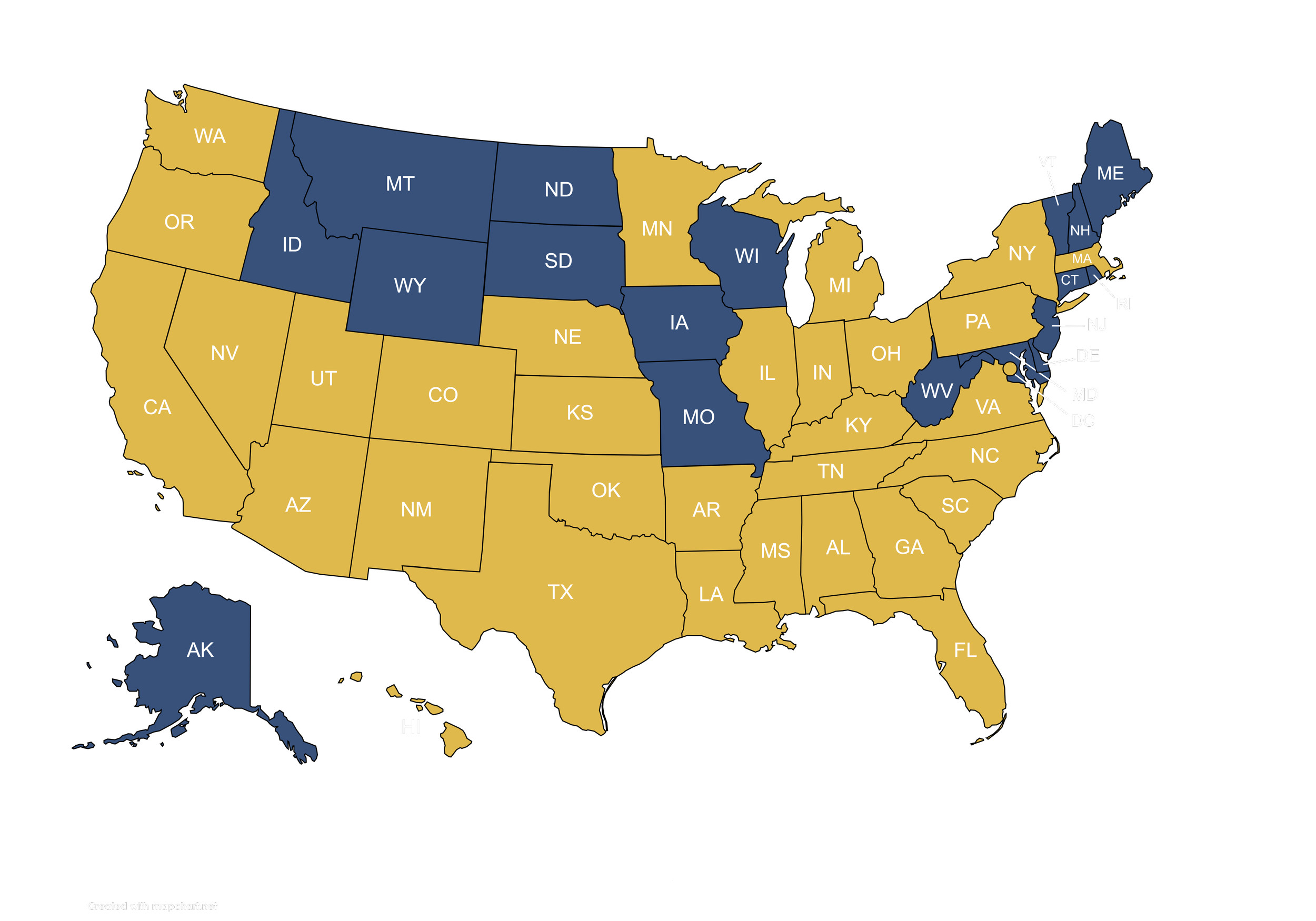Map of the United States with states colored in blue and yellow, showing different data categories.