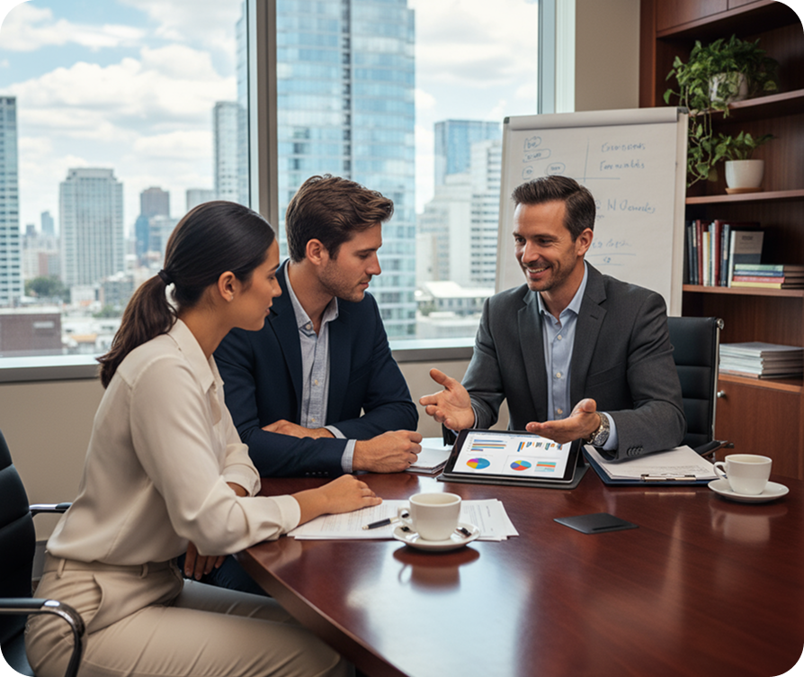 Three professionals in business attire having a discussion in a modern office with city skyline view, whiteboard, and bookshelves.