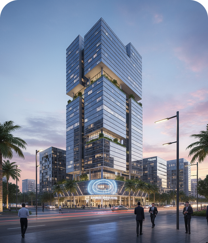 Modern high-rise office building with glass windows and green terraces on each floor, set against a pink and blue sunset sky, with palm trees and people walking outside.