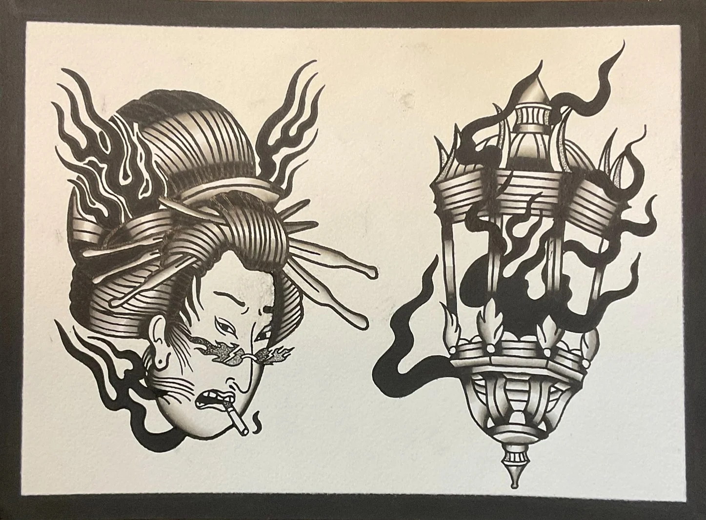 A black and white tattoo design featuring a female figure with traditional Asian styled hair and facial features, smoking a cigarette with flames or smoke surrounding her. To the right, there is a stylized traditional Asian temple or pagoda with flames or smoke swirling around it.