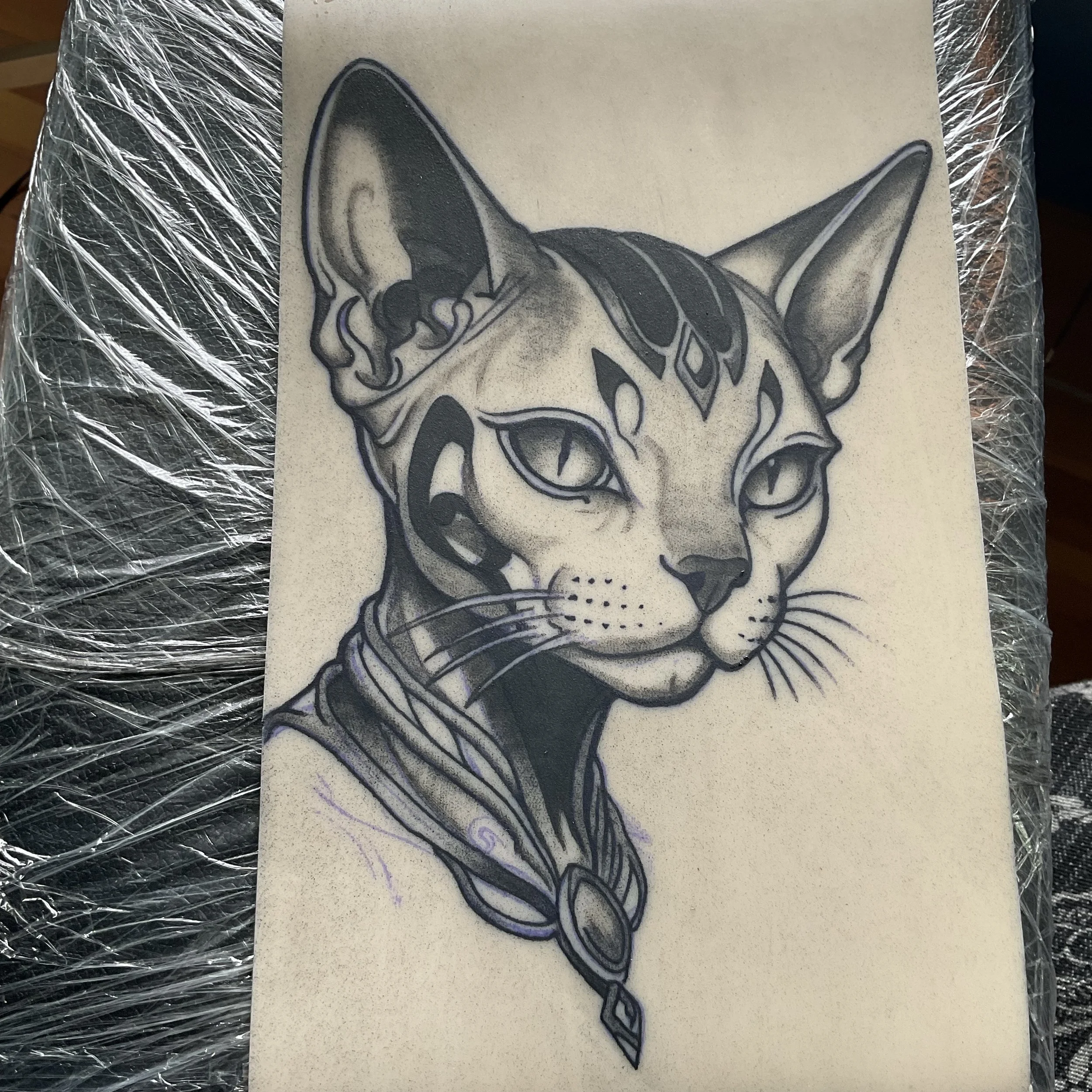Tattoo design of a stylized cat's head with detailed markings, wearing a collar with a pendant.