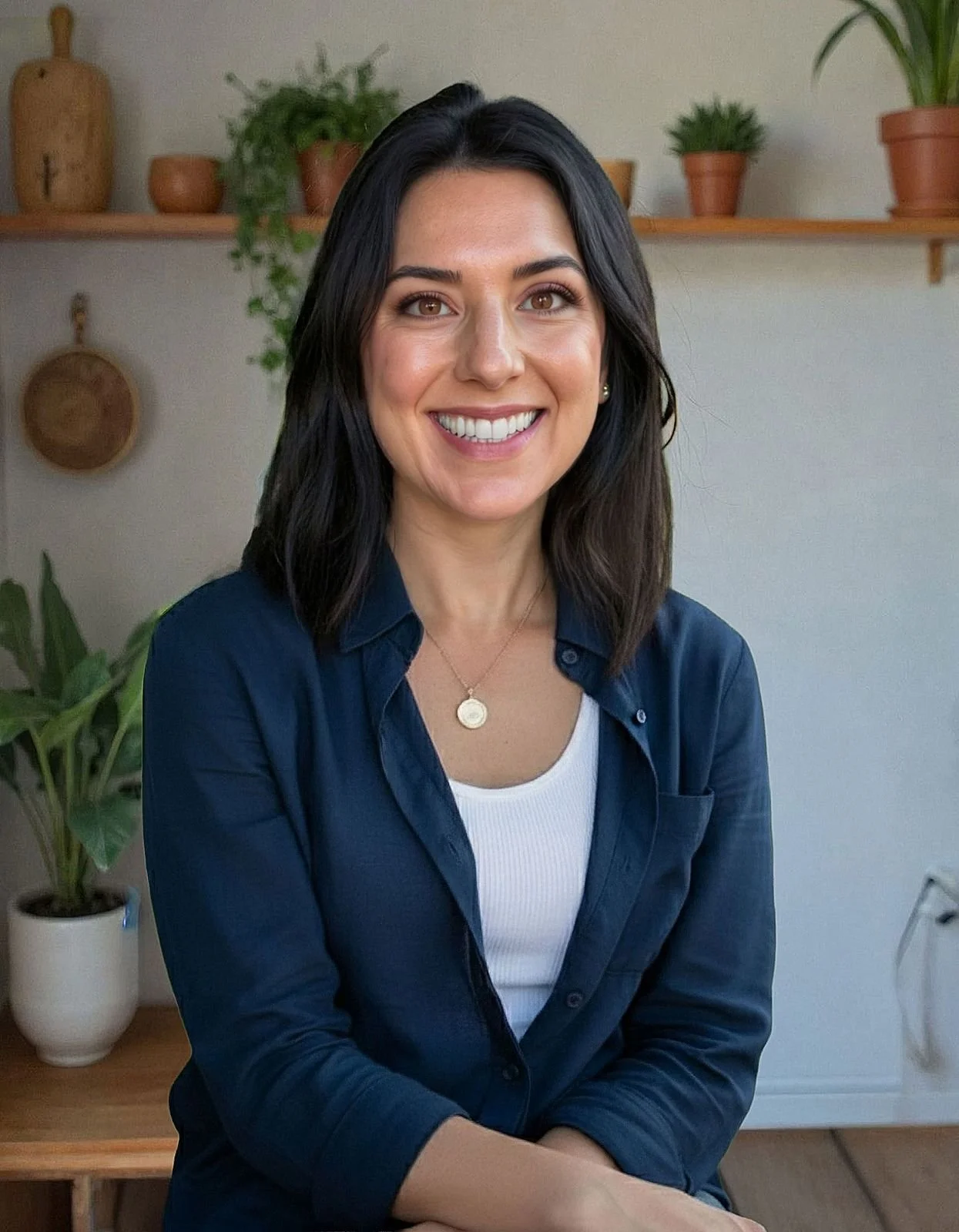 Portrait of a woman with dark hair smiling, wearing a navy blue shirt and white top, sitting in a room with plants and wooden shelves.