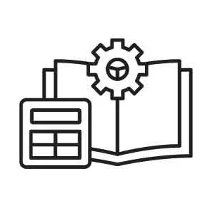 A calculator, an open book, and a gear symbol, representing finance, learning, and mechanics.