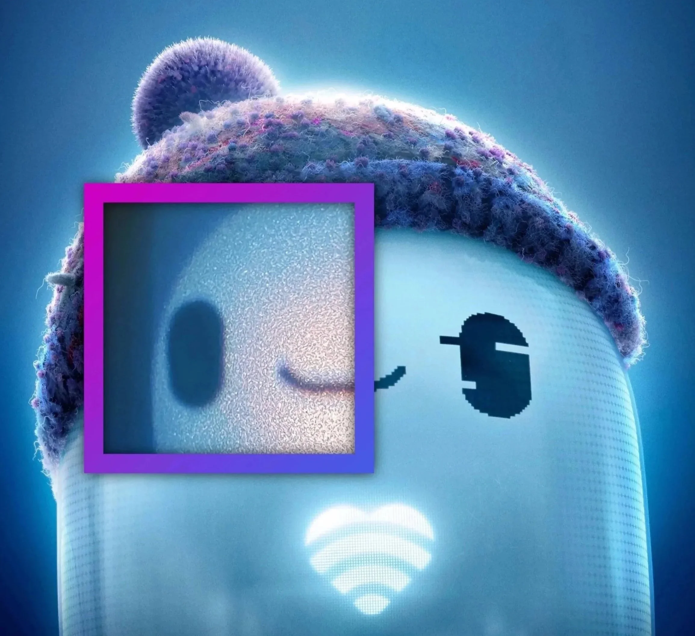 Close-up of a robot with a smiling face, curly hair, and a purple frame highlighting a textured close-up of one eye.