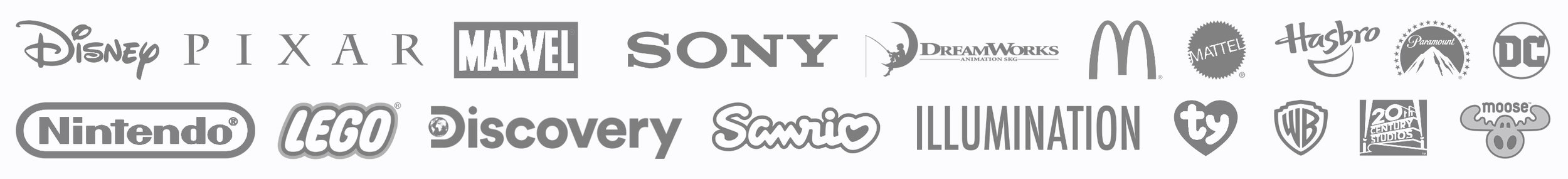 A collection of logos from various entertainment and toy companies including Disney, Pixar, Marvel, Sony, DreamWorks, McDonald's, Hasbro, Paramount, DC, Nintendo, LEGO, Discovery, Sanrio, Illumination, Cartoon Network, Warner Bros, 20th Century Studios, Moose, and others.