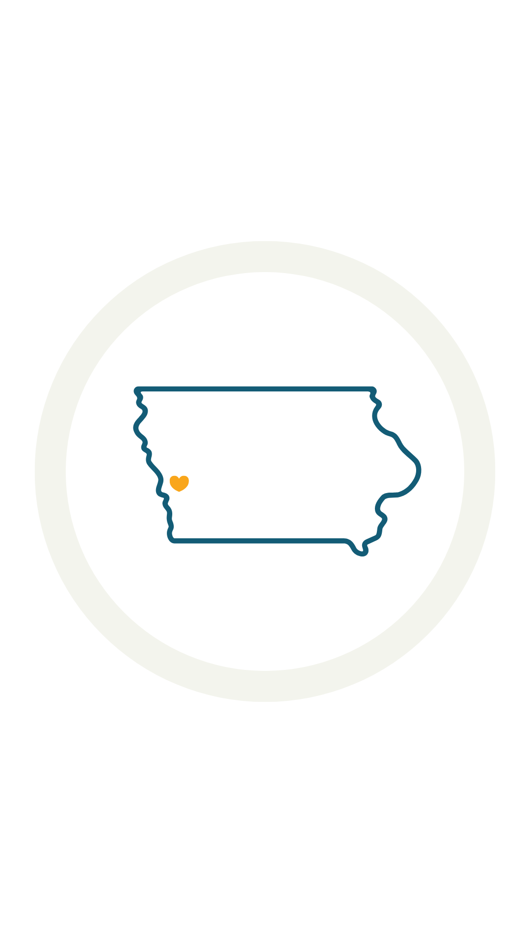 Map of the state of Iowa, highlighting the city of Logan's location with an orange heart.