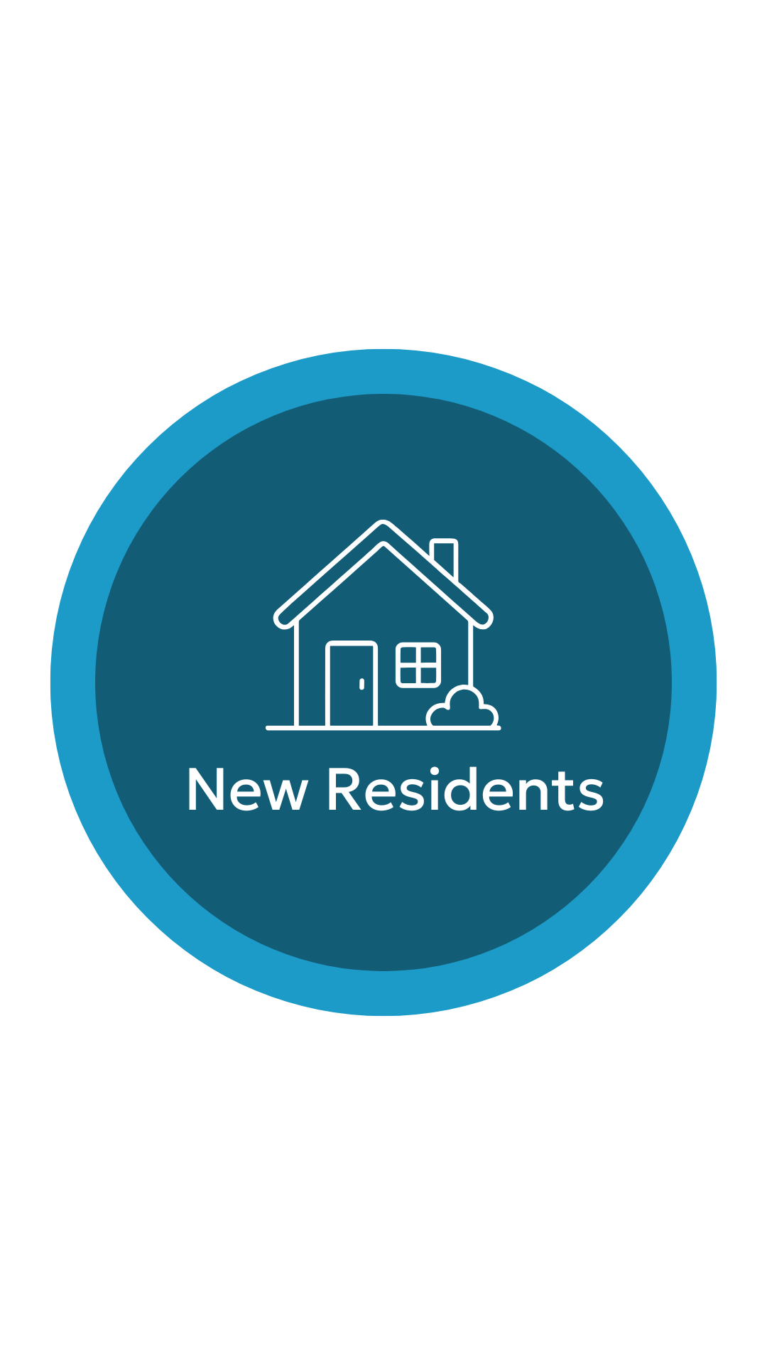 Blue circular badge with a white outline drawing of a house and a bush, and the text "New Residents" in the center.