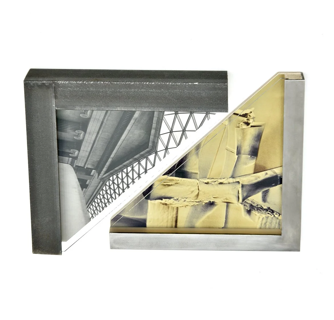 Square artwork featuring a black-and-white image of a bridge on the left and a yellow-toned image of cheese on the right, separated by a diagonal line.